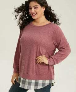 Heather Plaid Patchwork Crew Neck T-shirt -Clothing Shop 253194260 zp 63580ad4 86bc 4670 9d06 362afe23d08b