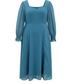 Chiffon Square Neck Shirred Lantern Sleeve Split Hem Dress -Clothing Shop 253305214 tq