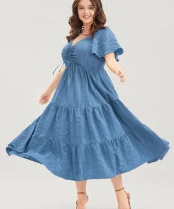 Plain Ruched Drawstring Pocket Ruffle Tiered Dress -Clothing Shop 253413807 oa