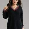 Two Tone Trim V Neck Plisse Pullover -Clothing Shop 253498963 vg
