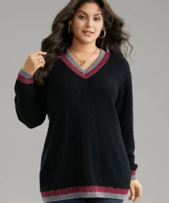 Two Tone Trim V Neck Plisse Pullover