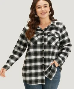 Plaid Arc Hem Pocket Button Through Shirt Collar Coat -Clothing Shop 253510266 ru f08f7896 6c96 48d1 8d2f 475773c8e022