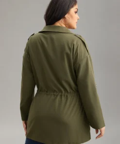 Solid Zipper Drawstring Tab Sleeve Trench Coat -Clothing Shop 253640368 ca