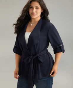 Anti-Wrinkle Plain Belted Tab Sleeve Blazer -Clothing Shop 253895151 xe