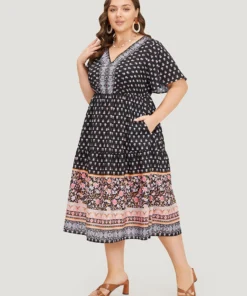 Boho Print Contrast Gathered Pocket Ruffles Dress -Clothing Shop 254197403 tz