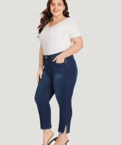 Plain Split Side Beaded Detail Dark Wash Jeans -Clothing Shop 254445943 fh