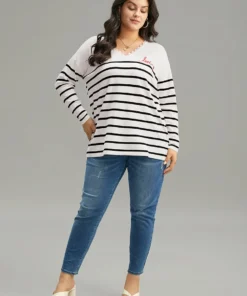 Supersoft Essentials Striped Letter Embroidered Lace Panel Pullover -Clothing Shop 254533524 jy