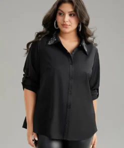 Anti-Wrinkle Rhinestone Button Up Tab Sleeve Blouse -Clothing Shop 25474003 uq