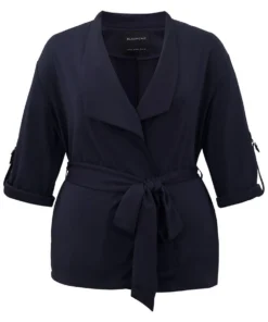 Anti-Wrinkle Plain Belted Tab Sleeve Blazer -Clothing Shop 255148324 kn