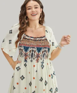 Bandana Print Square Neck Pocket Shirred Frill Trim Split Dress -Clothing Shop 255886344 si