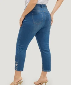 Very Stretchy High Rise Medium Wash Embroidered Hem Jeans -Clothing Shop 255931950 wb