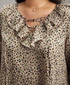 Leopard Print Ties Flutter Trim Blouse -Clothing Shop 256078086 ar
