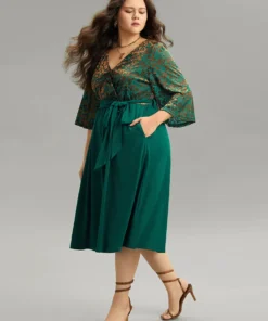 Silhouette Floral Print Belted Patchwork Velvet Dress -Clothing Shop 256387045 sh