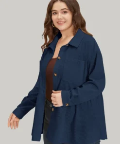 Plain Shirt Collar Button Through Ruffle Hem Pocket Coat -Clothing Shop 256696155 dp