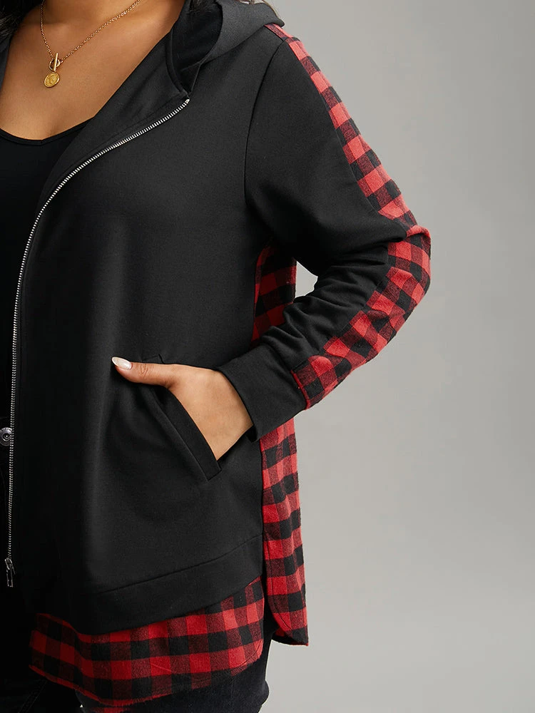 Plaid Patchwork Zipper Hooded Asymmetrical Hem Jacket 8 Plaid Patchwork Zipper Hooded Asymmetrical Hem Jacket - Image 6