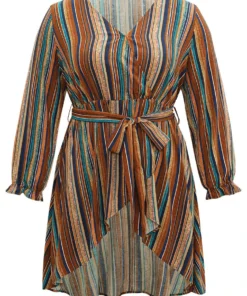 Striped Overlap Collar Arc Hem Belted Blouse -Clothing Shop 256850601 ay 3043ccb8 9067 4995 a108 1b61e05b6062