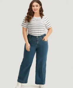 Solid Patchwork Wide Leg Medium Wash Jeans -Clothing Shop 257142963 ru