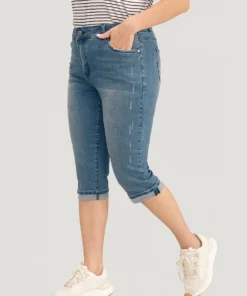 Very Stretchy Medium Wash Roll Hem Knee Denim Shorts -Clothing Shop 257226864 bg