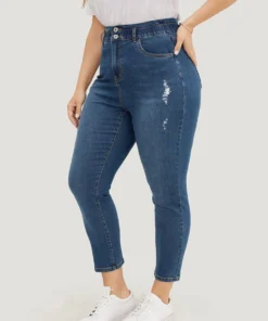 Very Stretchy High Rise Medium Wash Ripped Jeans -Clothing Shop 257798125 no