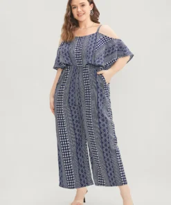 Striped Geometric Pocket Ruffles Cold Shoulder Jumpsuit
