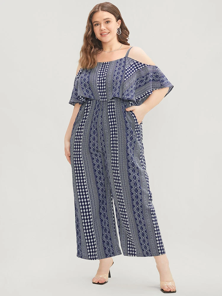 Striped Geometric Pocket Ruffles Cold Shoulder Jumpsuit 3 Striped Geometric Pocket Ruffles Cold Shoulder Jumpsuit