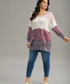 Colorblock Button Through Fuzzy Cardigan -Clothing Shop 258735433 cl