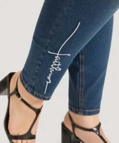 Faith Letter Embroidered High Rise Medium Wash Jeans -Clothing Shop 258755558 mi