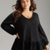 Plain Texture Ruffle Hem Lantern Sleeve T-shirt -Clothing Shop 259157459 dm