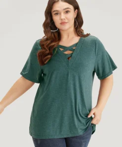 Plain Heather Crisscross V Neck T-shirt -Clothing Shop 259264480 nx b1061cfc 04bf 40e3 b358 610d2d54764c