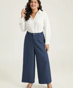 Plain Wide Leg Elastic Waist Pocket Pants -Clothing Shop 259416496 ta