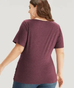 Solid Heather Overlap Collar Gathered T-shirt 34 Solid Heather Overlap Collar Gathered T-shirt -Clothing Shop 25970830 tu