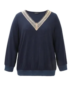 Patchwork Lace Panel V Neck Waffle Knit Sweatshirt -Clothing Shop 260200431 nf