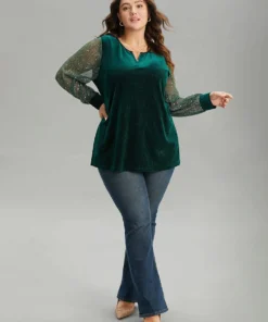 Velvet Patchwork Mesh Sequin Notched T-shirt -Clothing Shop 2602829 bv