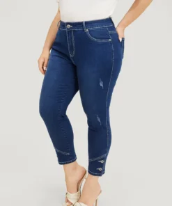 Very Stretchy High Rise Dark Wash Button Hem Jeans -Clothing Shop 260887209 bp