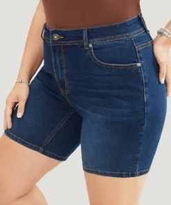 Slightly Stretchy Mid Rise Dark Wash Floral Embroidered Denim Shorts -Clothing Shop 260919027 lj