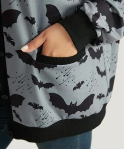 Halloween Bat Print Pocket Button Up Rib Knit Coat -Clothing Shop 260979711 js a598ec74 7491 4a30 b049 31558bf2a36f