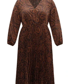 Boho Print Pleated Elastic Waist Wrap Dress -Clothing Shop 261138363 zi