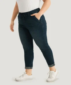 Plain Drawstring Front Roll Hem Jeans -Clothing Shop 262325830 jr