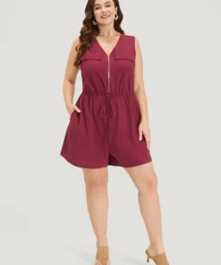 Plain V Neck Pocket Zipper Drawstring Sleeveless Jumpsuit -Clothing Shop 262785233 xi
