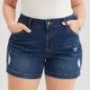Moderately Stretchy High Rise Dark Wash Distressed Denim Shorts