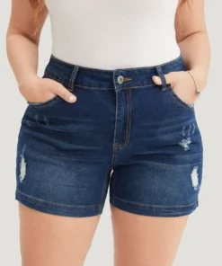 Moderately Stretchy High Rise Dark Wash Distressed Denim Shorts