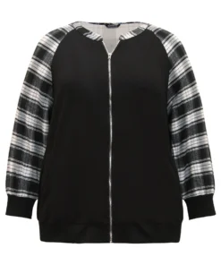 Plaid Patchwork Pocket Zipper Fly Jacket -Clothing Shop 263183000 pp