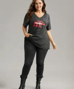 Plaid Bear Patchwork Round Neck T-shirt -Clothing Shop 263250512 pr