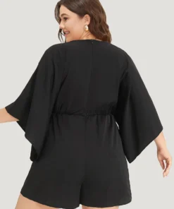 Plain Pocket Flounce Sleeve Elastic Waist Ties Jumpsuit -Clothing Shop 263537933 ao