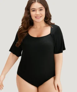 Rib Knit Asymmetrical Neck Short Sleeve Bodysuit -Clothing Shop 263569658 vq