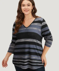 Striped Contrast V Neck T-shirt -Clothing Shop 264151402 eh 5f69d887 a748 4997 9b1f 7eb4c2f8f6ac