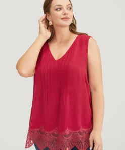 Solid Pleated Front Lace Hem Tank Top 9 Solid Pleated Front Lace Hem Tank Top -Clothing Shop 264410676 iw