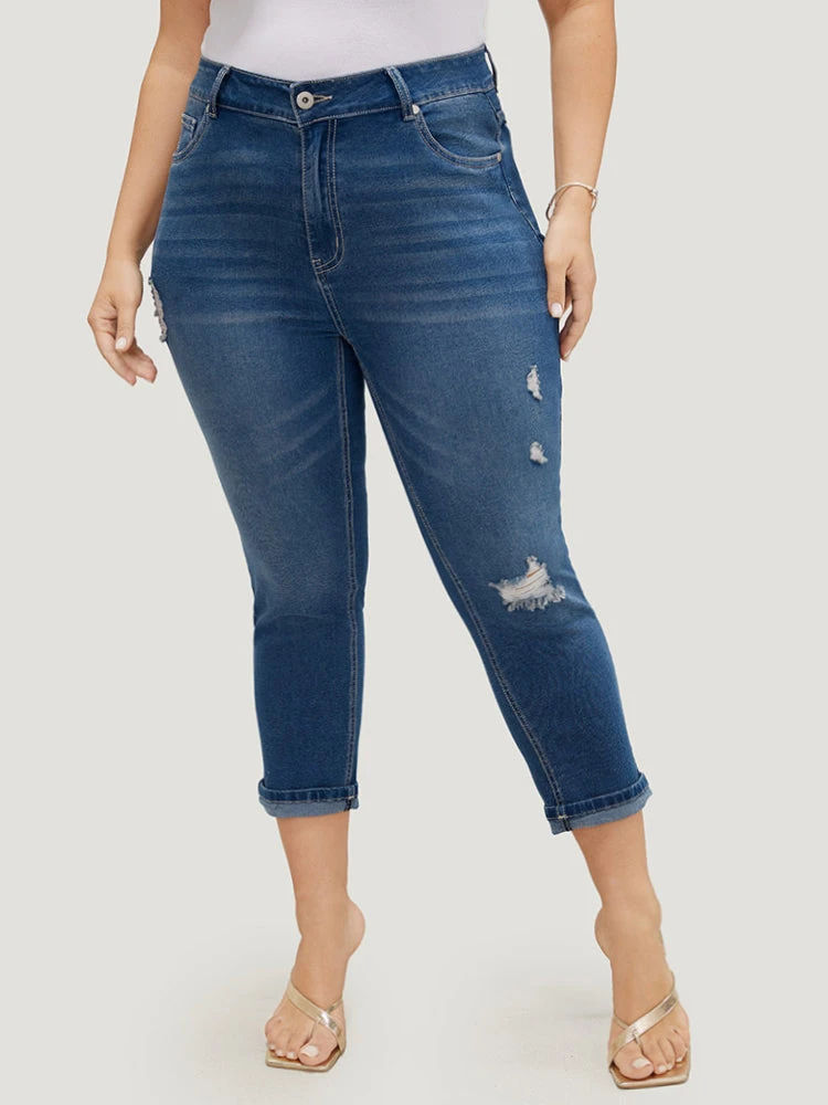 Very Stretchy High Rise Dark Wash Ripped Detail Cropped Jeans 6 Very Stretchy High Rise Dark Wash Ripped Detail Cropped Jeans - Image 4