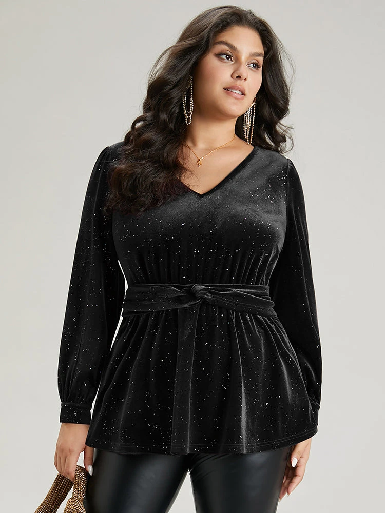 Glitter Sequin Velvet Twist Front V Neck Blouse 12 Glitter Sequin Velvet Twist Front V Neck Blouse - Image 10