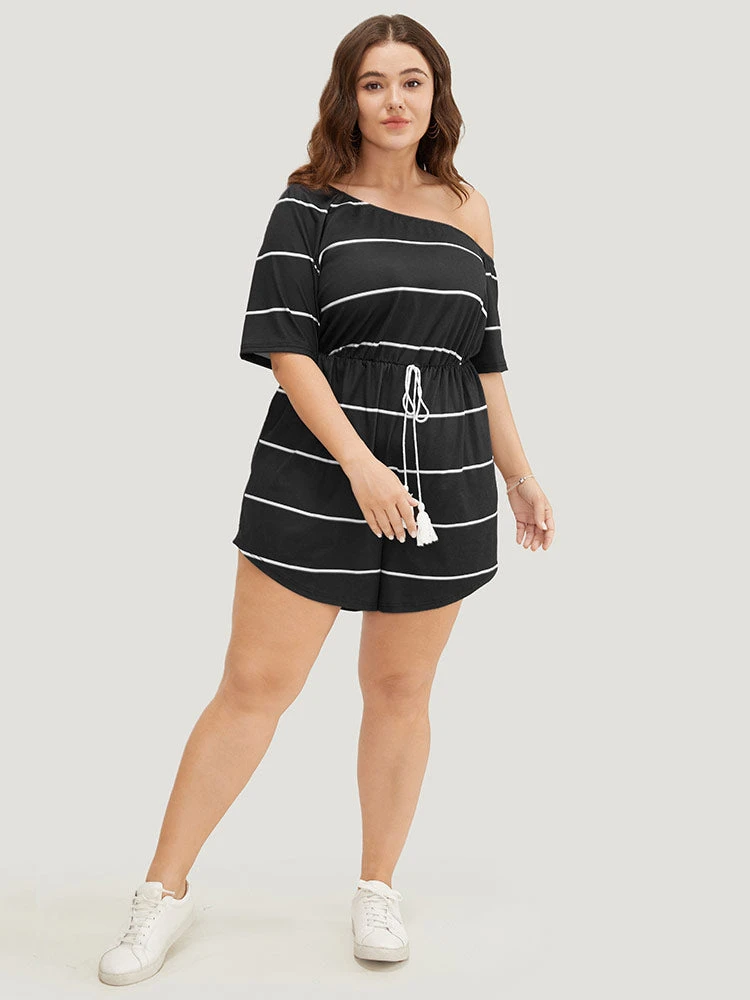 Striped Print Knot Pocket Tassels One Shoulder Romper 8 Striped Print Knot Pocket Tassels One Shoulder Romper - Image 6